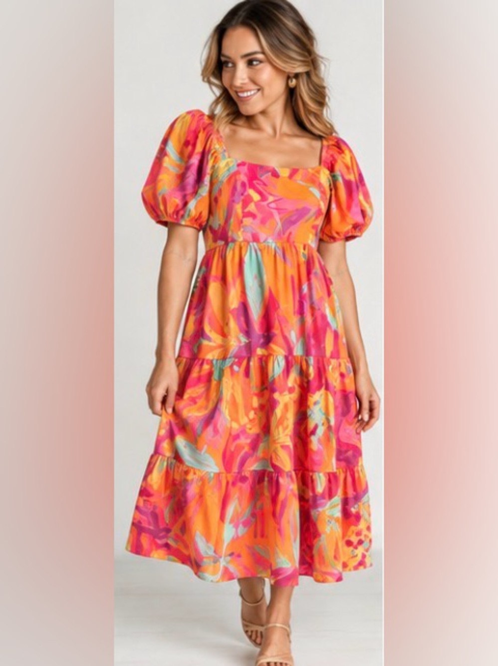 Crystal Doll Multicolor Abstract Floral Puff Sleeve Midi Dress L NWOT